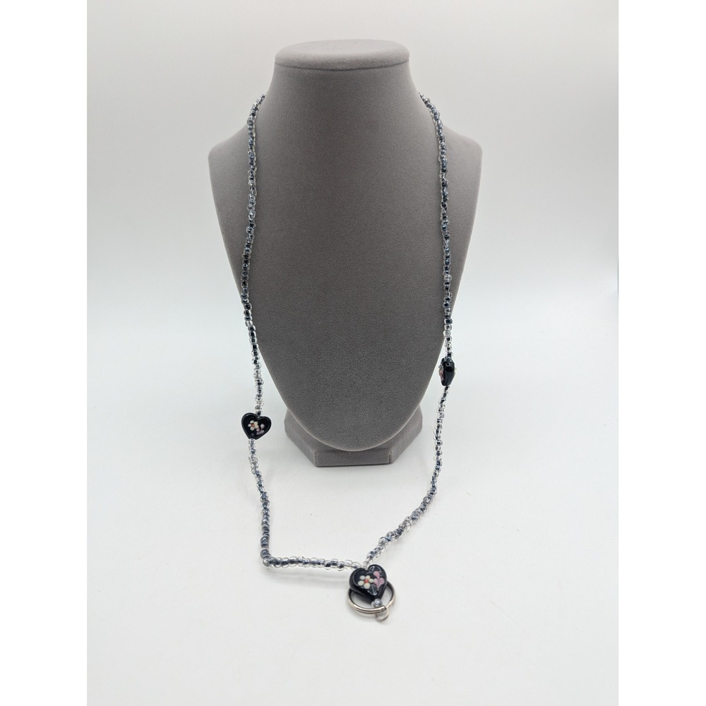 Handmade Beaded Lanyard Black Floral Lampwork Glass Heart ID Key Holder Necklace